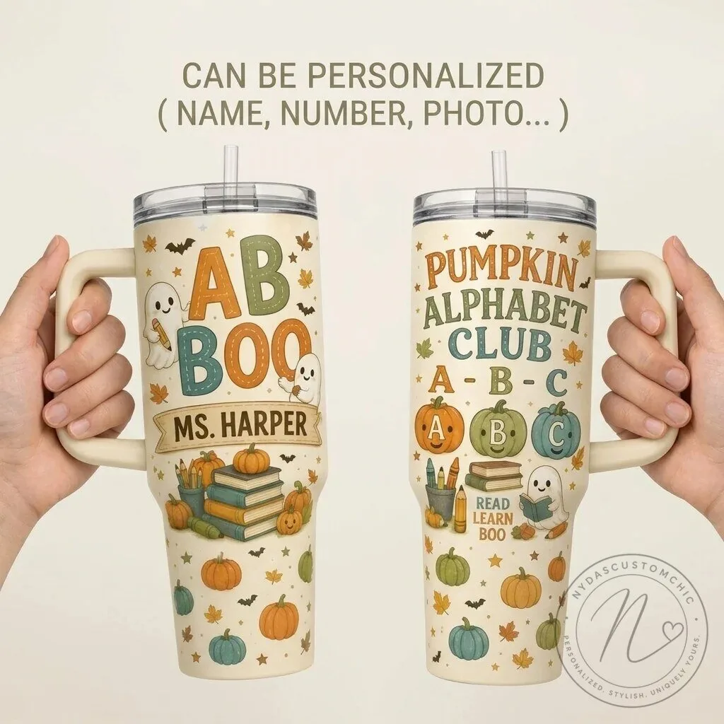 Personalized Pumpkin Alphabet Club Teacher Halloween Gift Tumbler with Handle