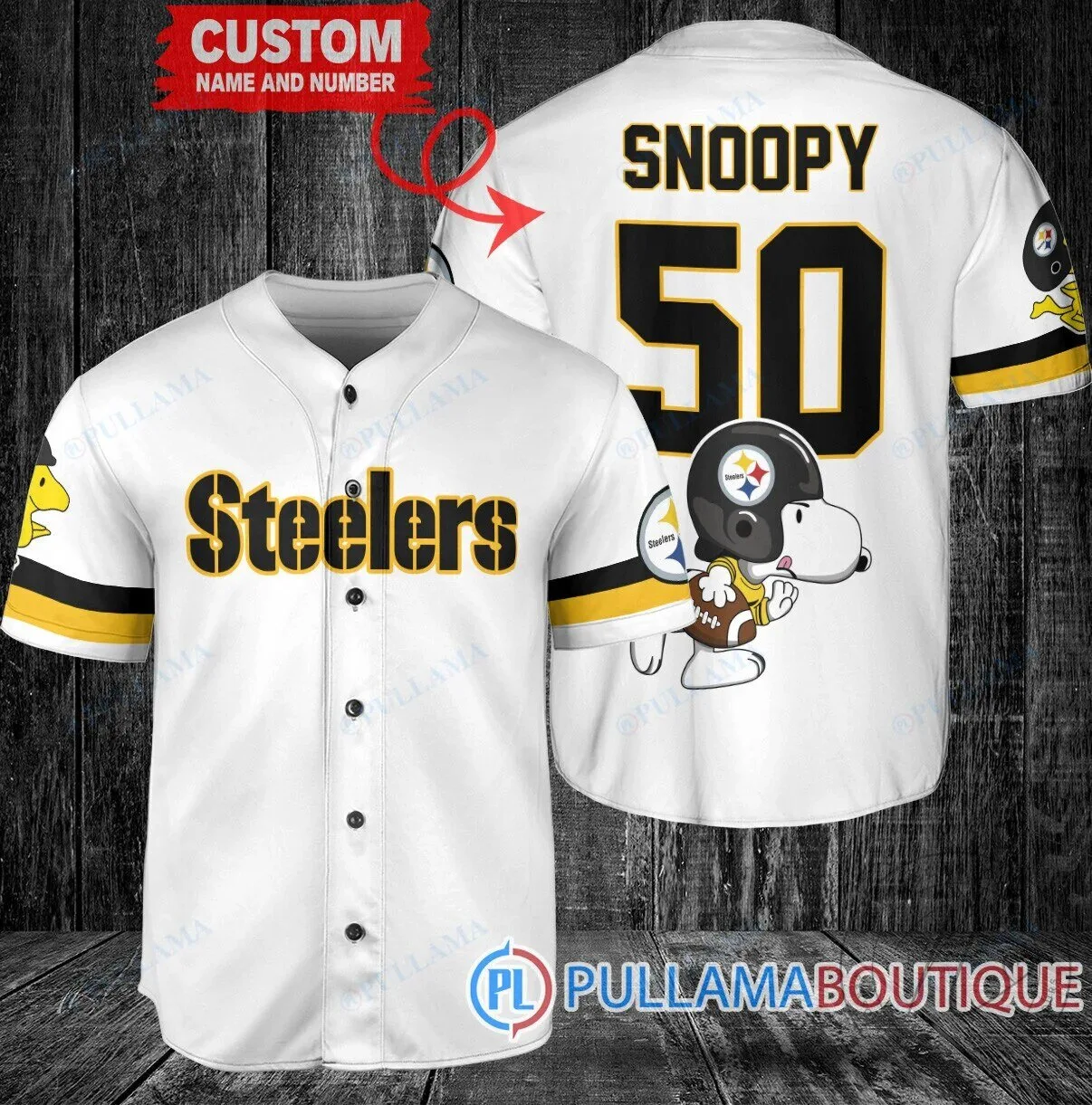 Pittsburgh Steelers Snoopy Custom Name and Number White Baseball Jersey