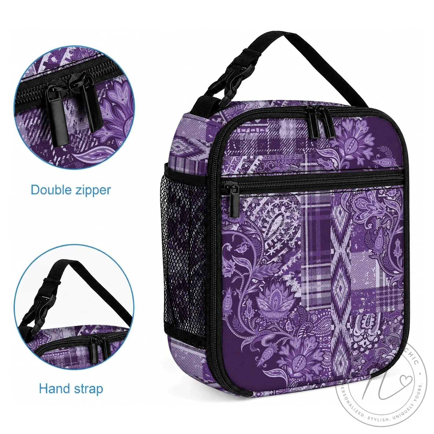Purple Floral Paisley Patchwork Insulated Lunch Bag 6 Purple Floral Paisley Patchwork Insulated Lunch Bag