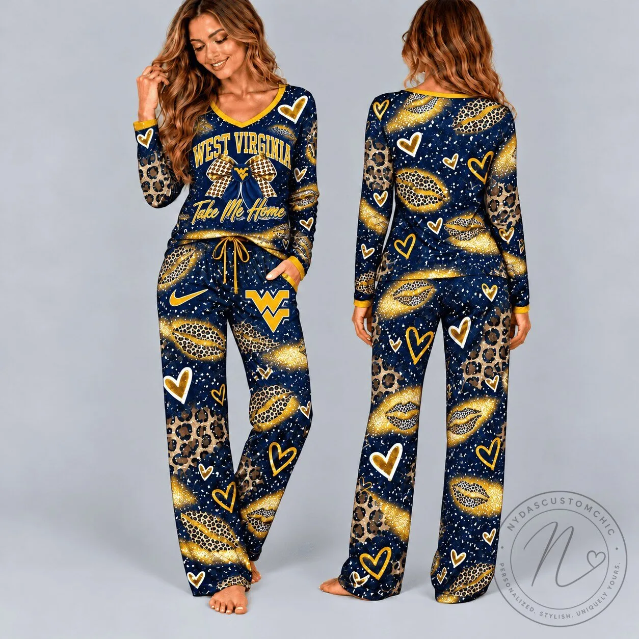 West Virginia Mountaineers Leopard Print Take Me Home Country Roads Pajamas Set