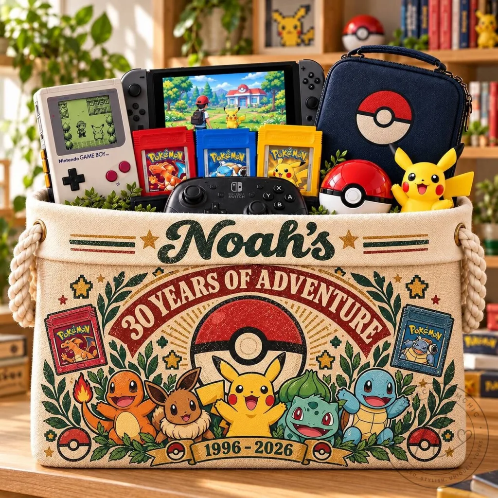 Personalized Pokemon 30th Anniversary Storage Basket with Rope Handles Personalized Pokemon 30th Anniversary Storage Basket with Rope Handles